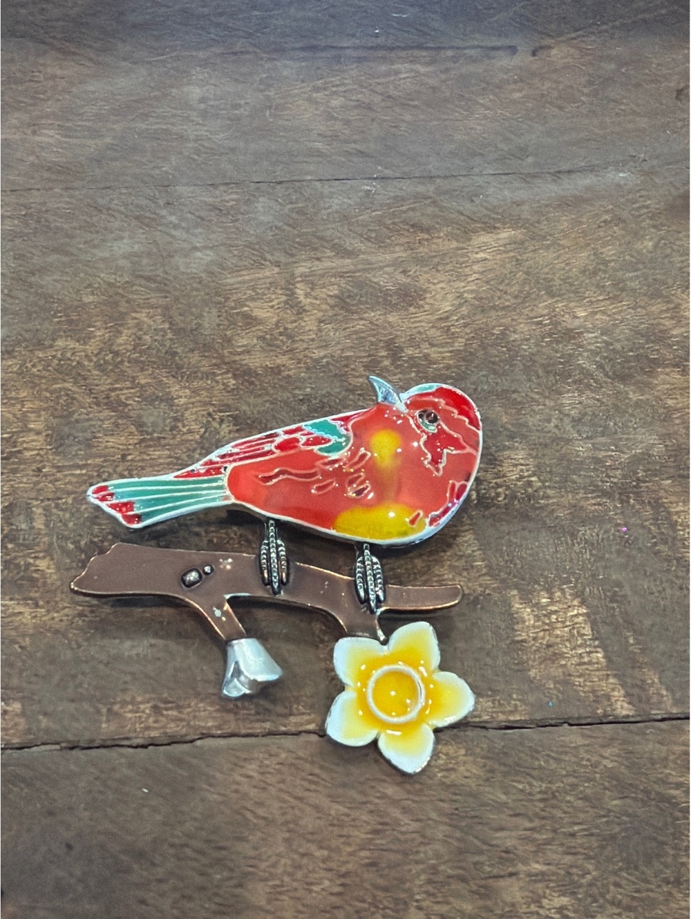 Vintage Enamel Bird Brooch with Flower Accent